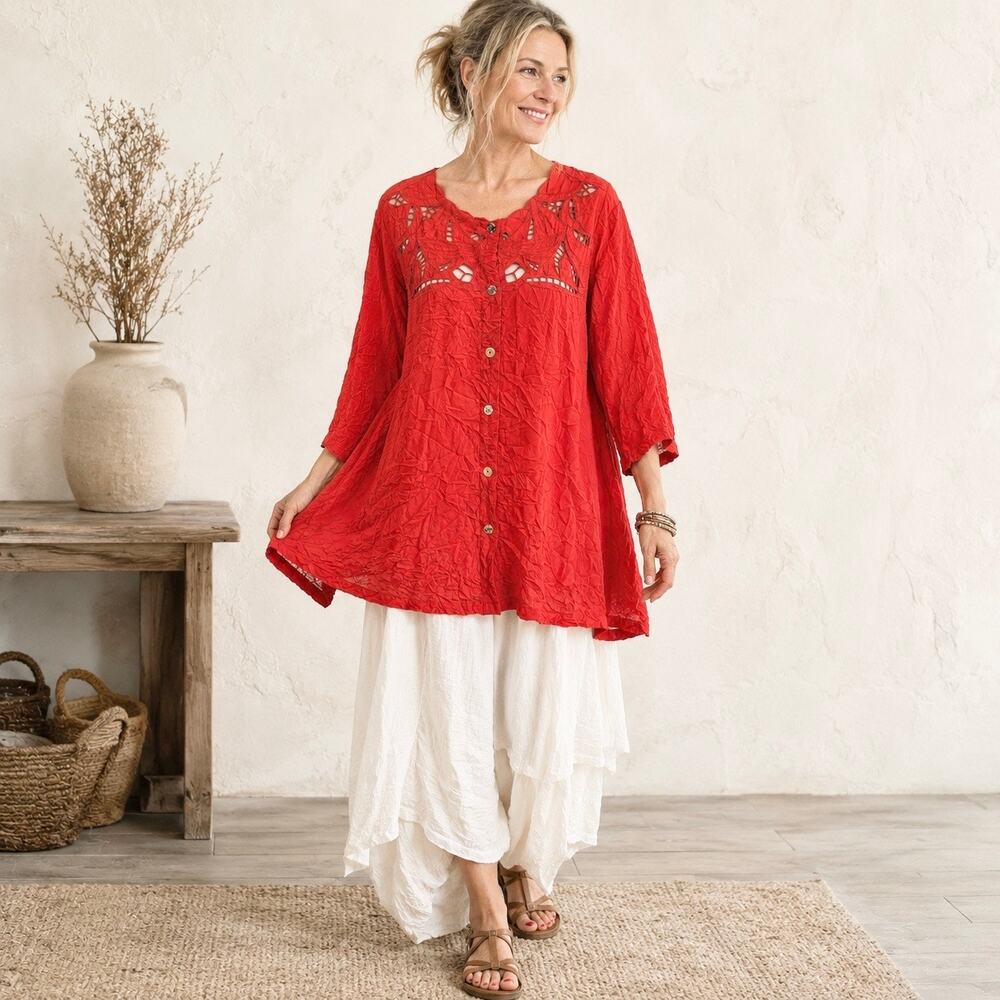 Citron Rayon Bamboo Crinkle 3/4 Sleeve Orange Eyelet Button Up Shirt Lagenlook